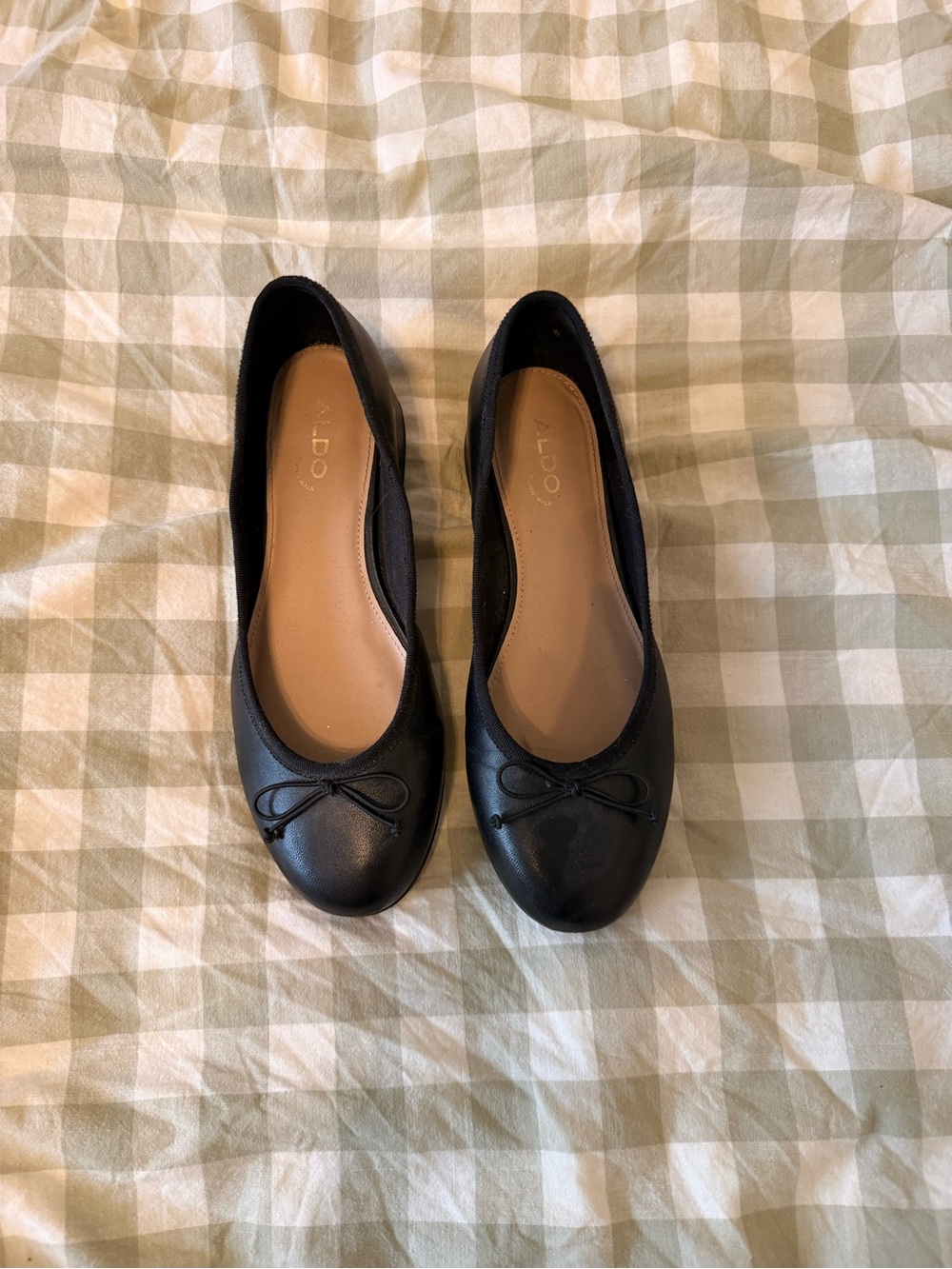 Aldo Black Leather Block Heel Ballet Flats with Bow Accent